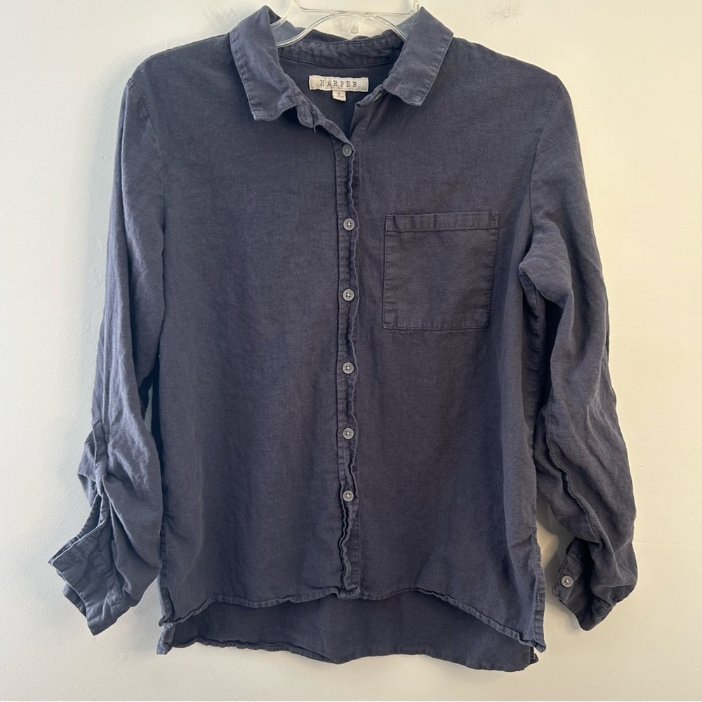 Anthropologie Harper Linen Button Up Top Small Blue